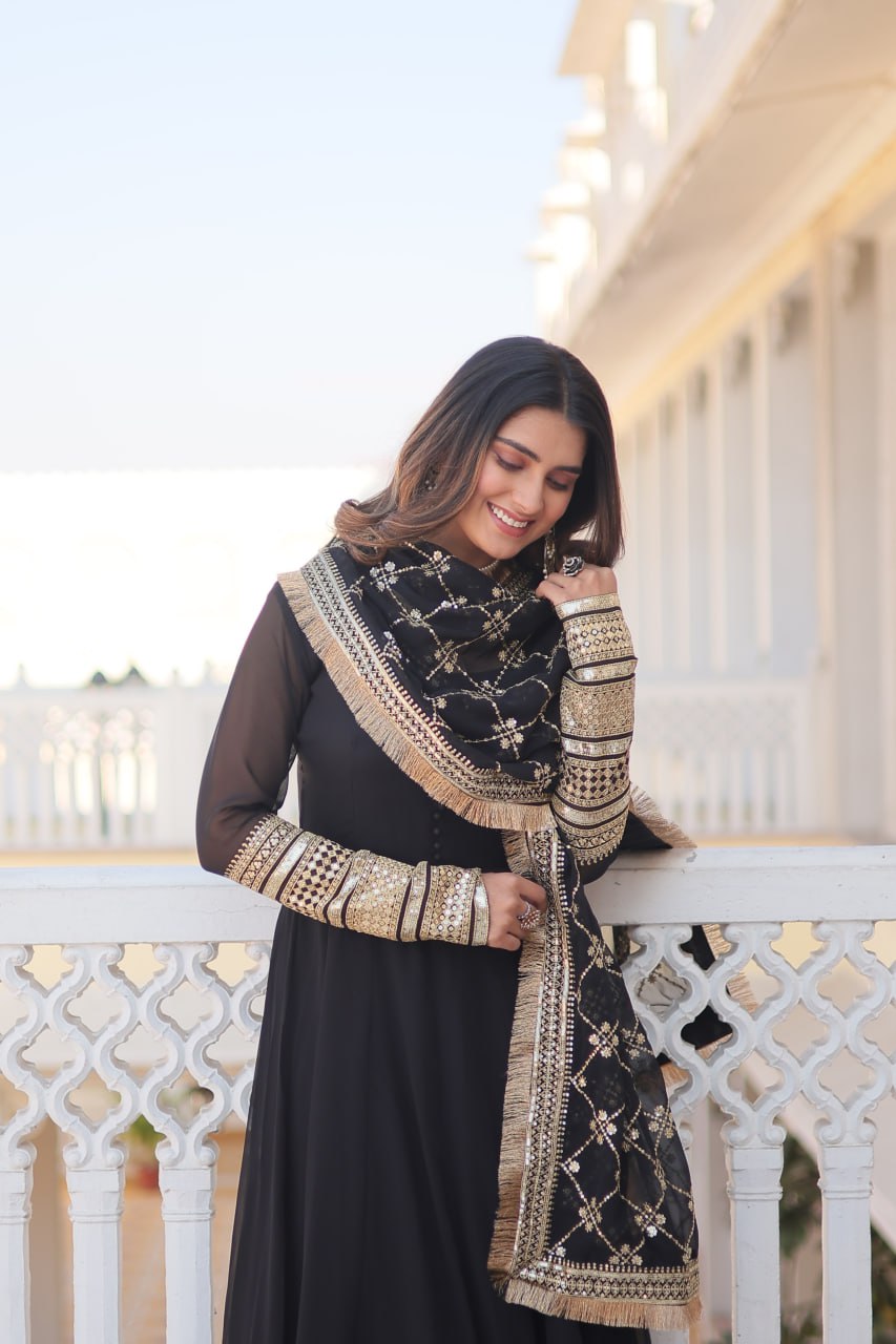 Black Faux Blooming Gown with Dupatta Featuring Attractive Embroidered Sequins Work and Lace Border