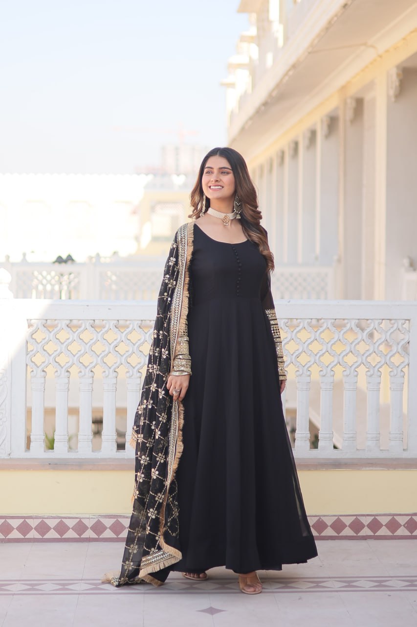 Black Faux Blooming Gown with Dupatta Featuring Attractive Embroidered Sequins Work and Lace Border