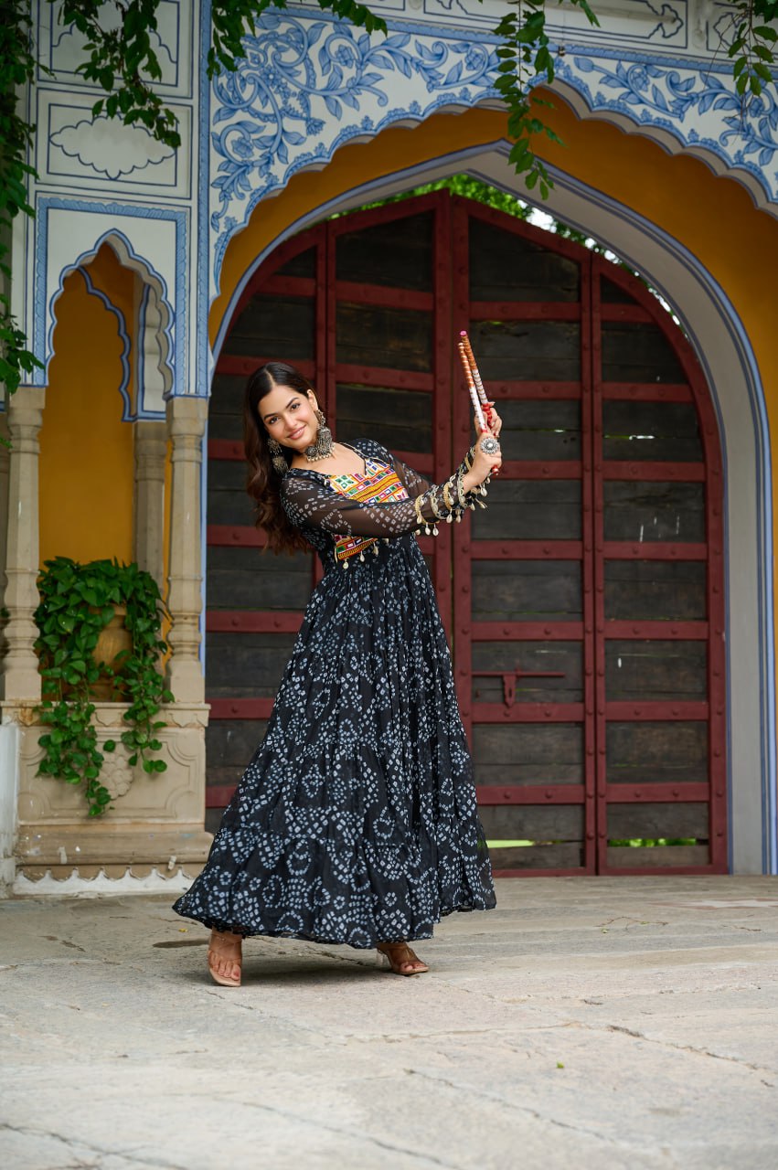 Black Faux Georgette Bandhani Print Gown with Kutchi Patchwork – Full Sleeves, 12 Meter Flair, Cotton Lining