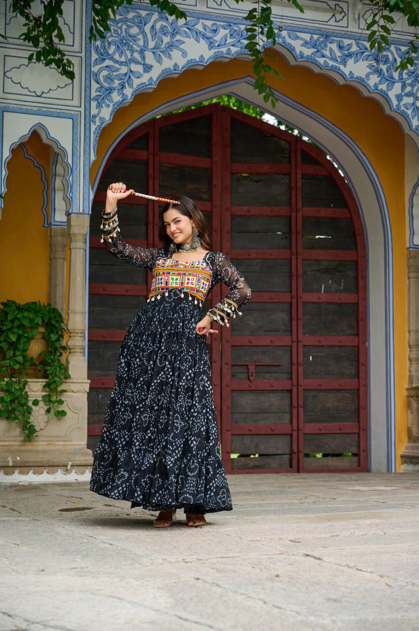 Black Faux Georgette Bandhani Print Gown with Kutchi Patchwork – Full Sleeves, 12 Meter Flair, Cotton Lining