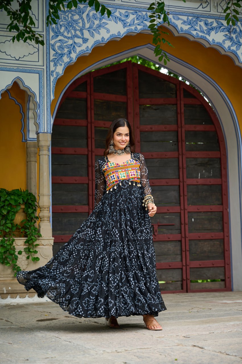 Black Faux Georgette Bandhani Print Gown with Kutchi Patchwork – Full Sleeves, 12 Meter Flair, Cotton Lining