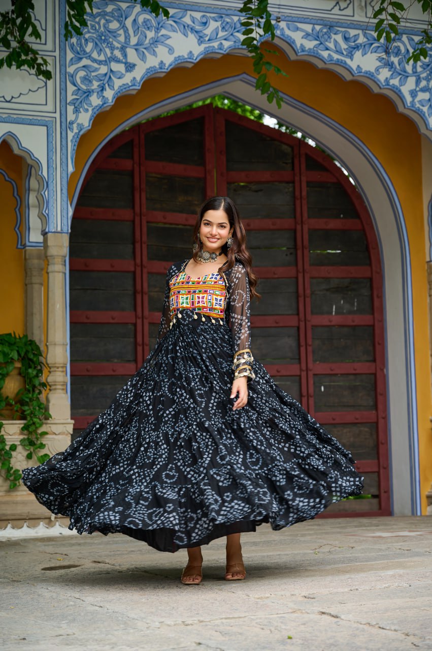 Black Faux Georgette Bandhani Print Gown with Kutchi Patchwork – Full Sleeves, 12 Meter Flair, Cotton Lining