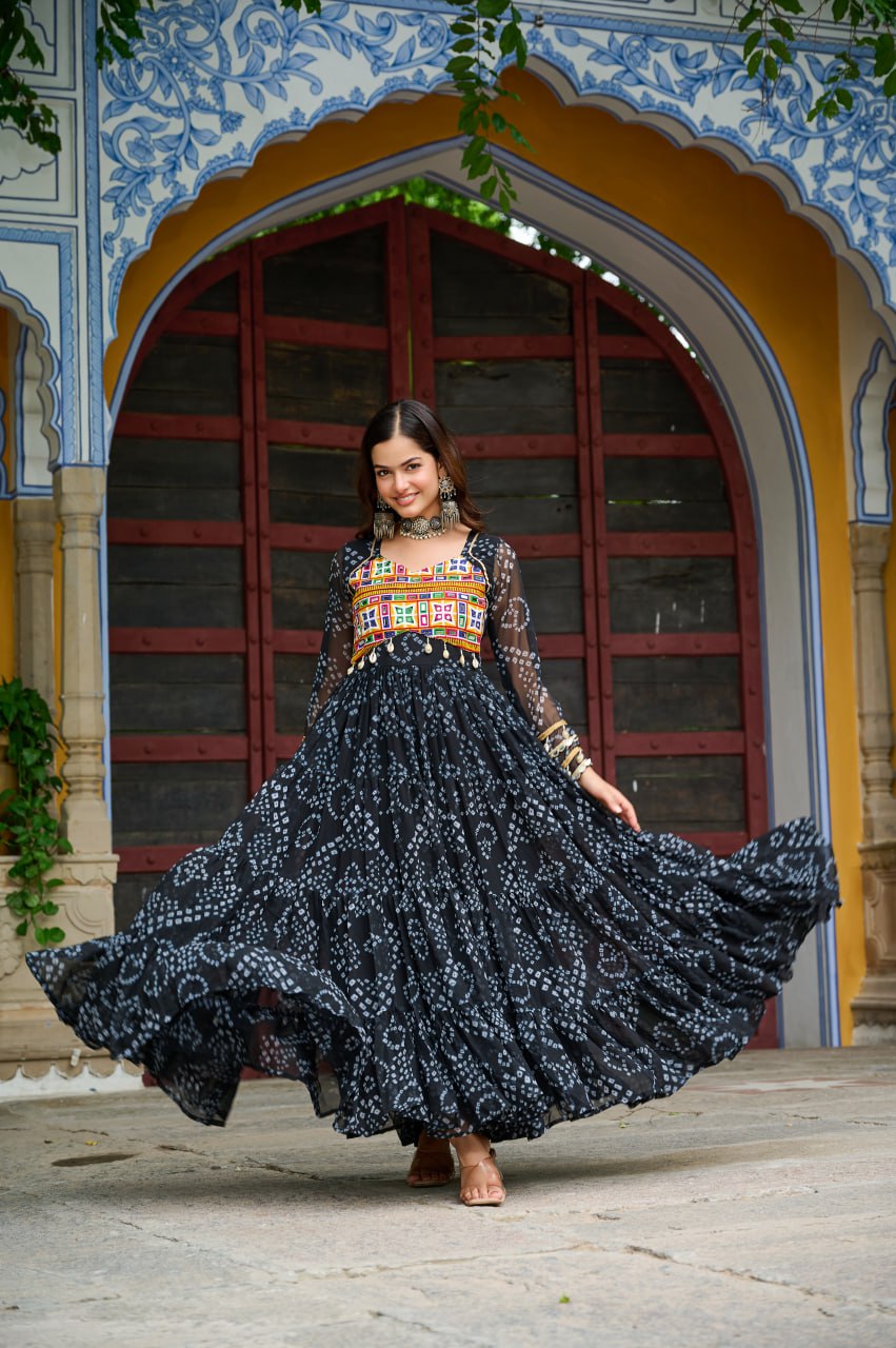 Black Faux Georgette Bandhani Print Gown with Kutchi Patchwork – Full Sleeves, 12 Meter Flair, Cotton Lining