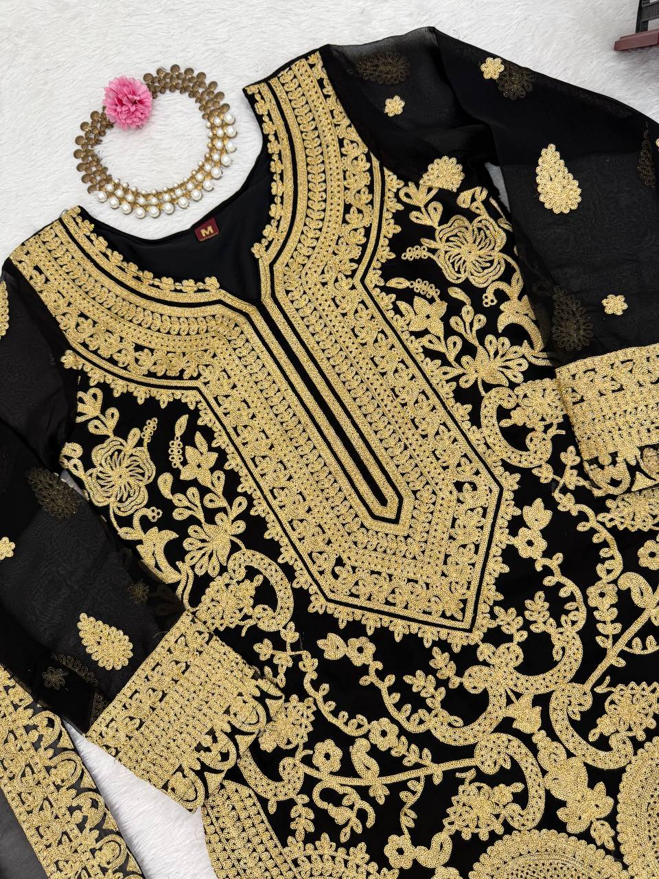 Black Faux Georgette Chinestitch Palazzo Set with Dupatta