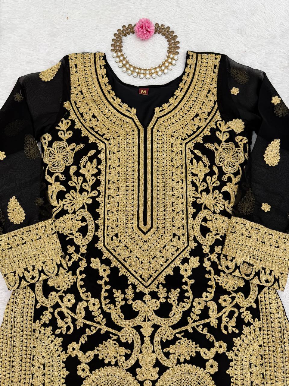 Black Faux Georgette Chinestitch Palazzo Set with Dupatta