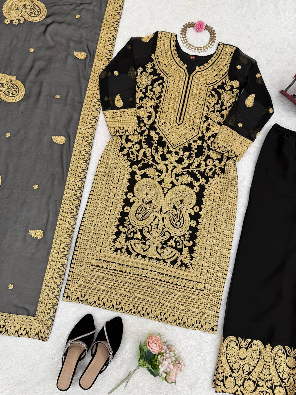 Black Faux Georgette Chinestitch Palazzo Set with Dupatta