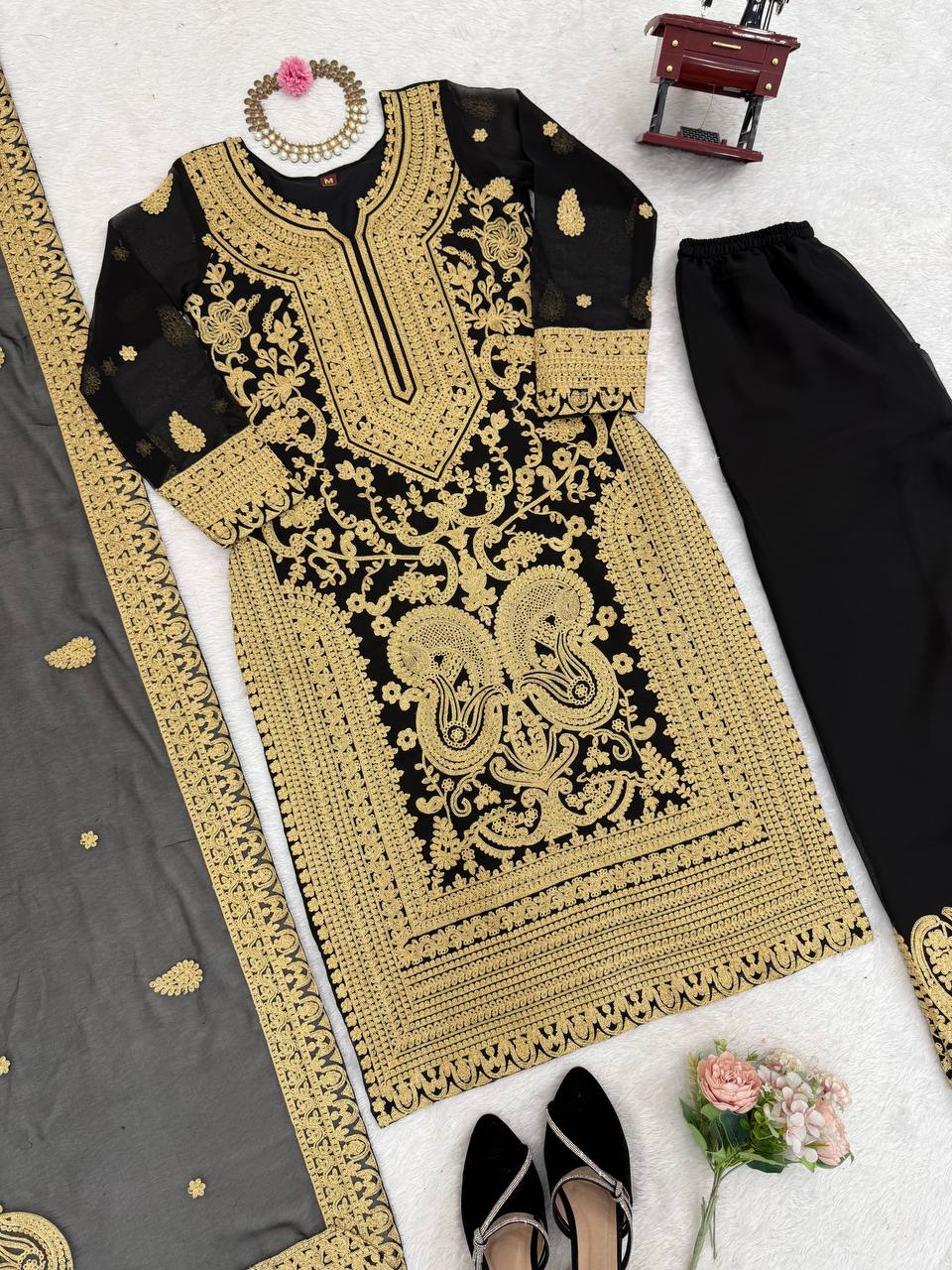 Black Faux Georgette Chinestitch Palazzo Set with Dupatta