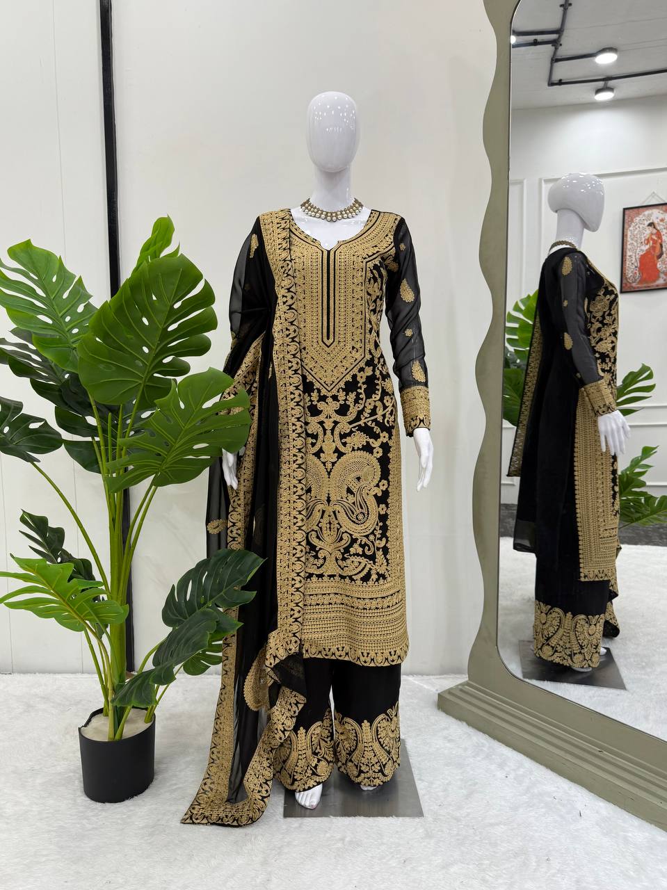 Black Faux Georgette Chinestitch Palazzo Set with Dupatta