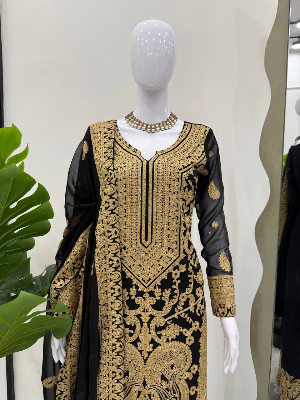Black Faux Georgette Chinestitch Palazzo Set with Dupatta