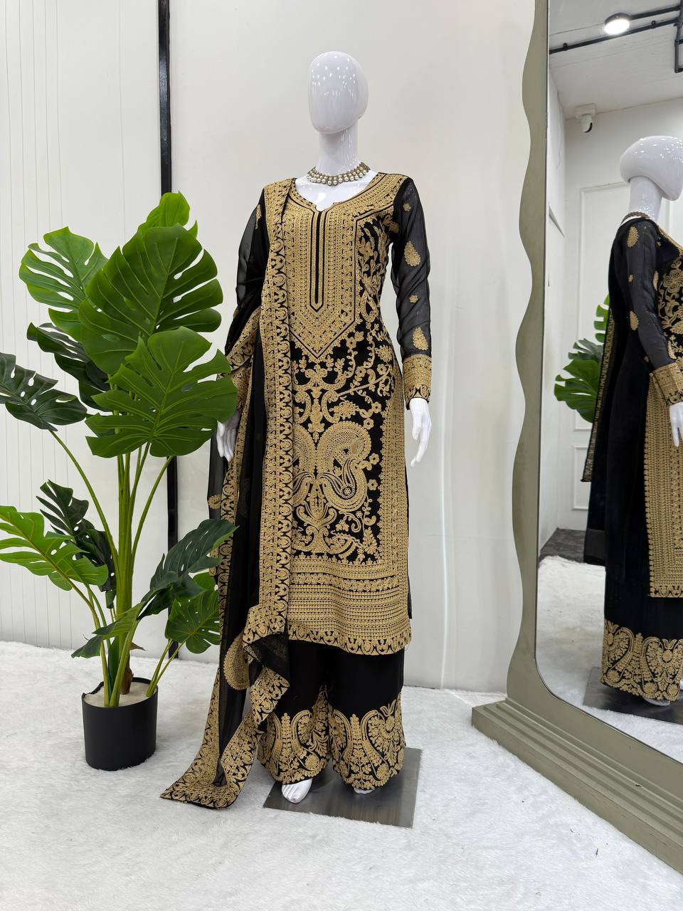Black Faux Georgette Chinestitch Palazzo Set with Dupatta
