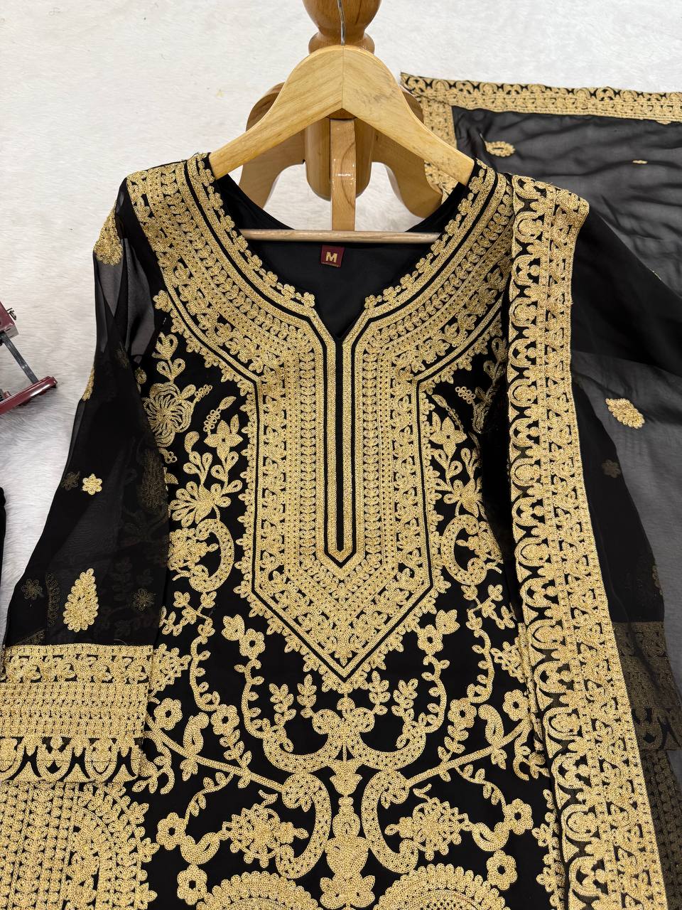 Black Faux Georgette Chinestitch Palazzo Set with Dupatta