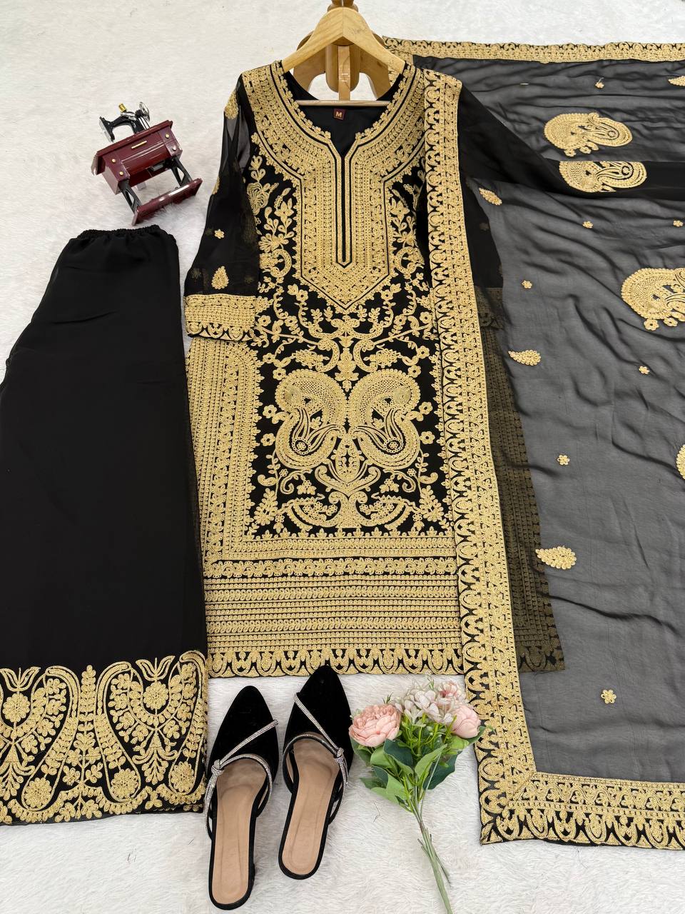 Black Faux Georgette Chinestitch Palazzo Set with Dupatta