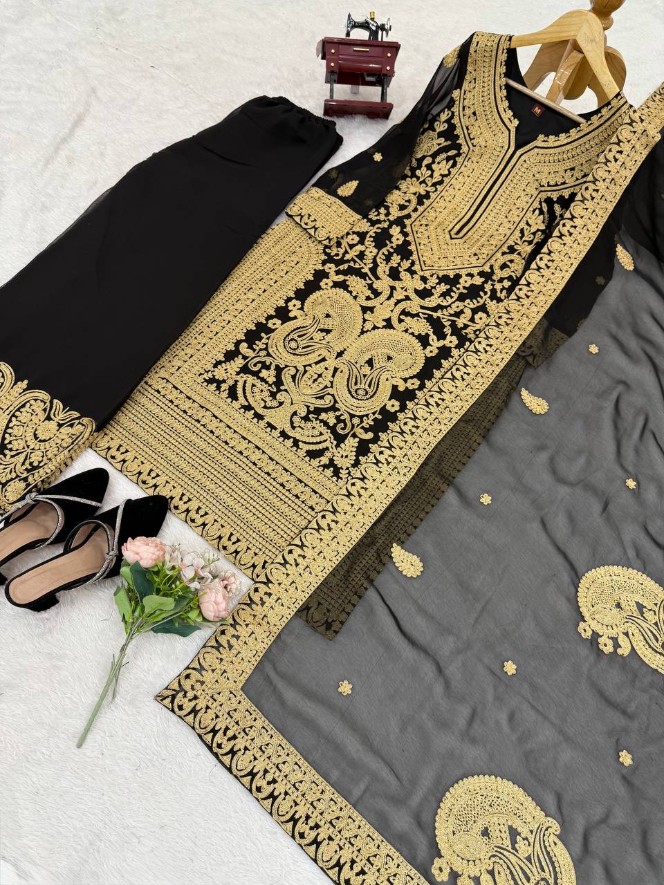 Black Faux Georgette Chinestitch Palazzo Set with Dupatta