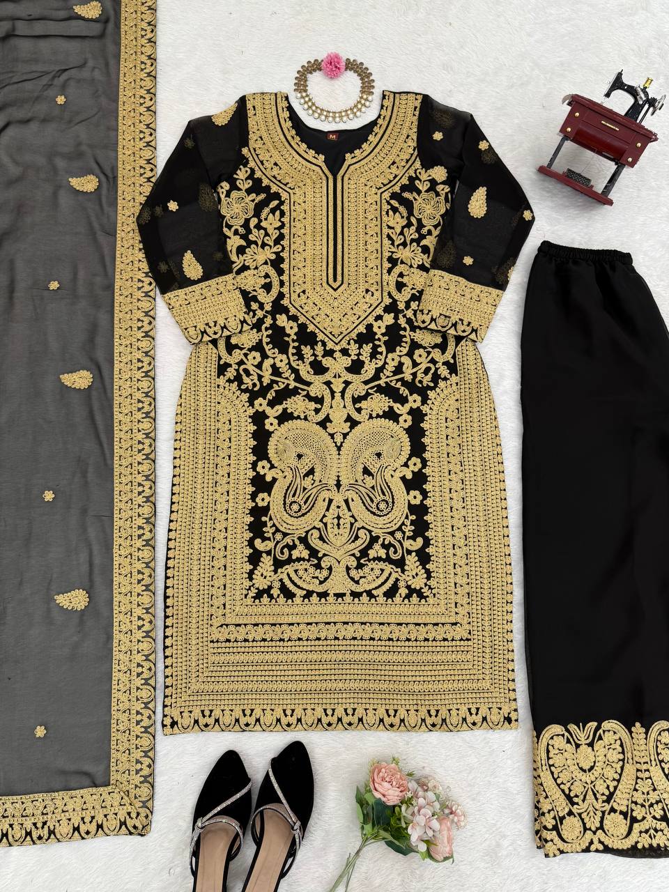 Black Faux Georgette Chinestitch Palazzo Set with Dupatta