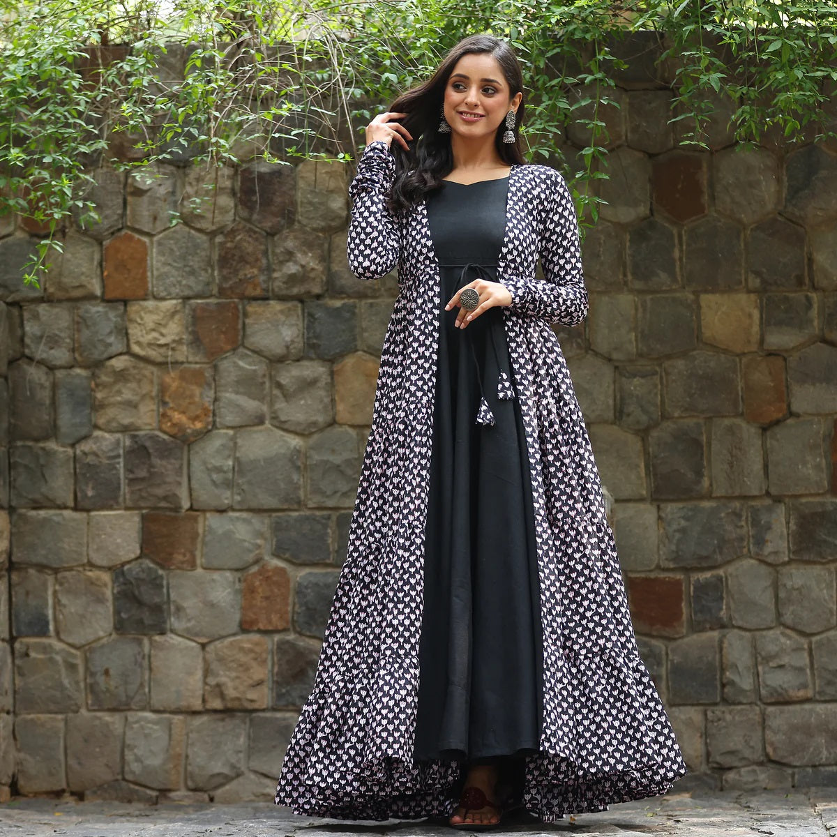 Black Faux Georgette Designer Suit with Muslin Shrug and Digital Print