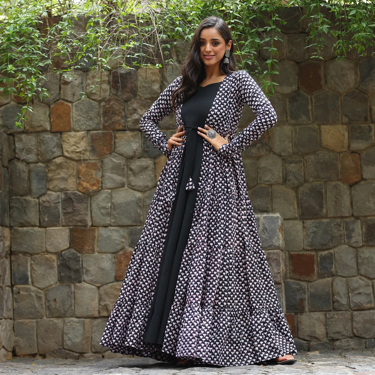 Black Faux Georgette Designer Suit with Muslin Shrug and Digital Print