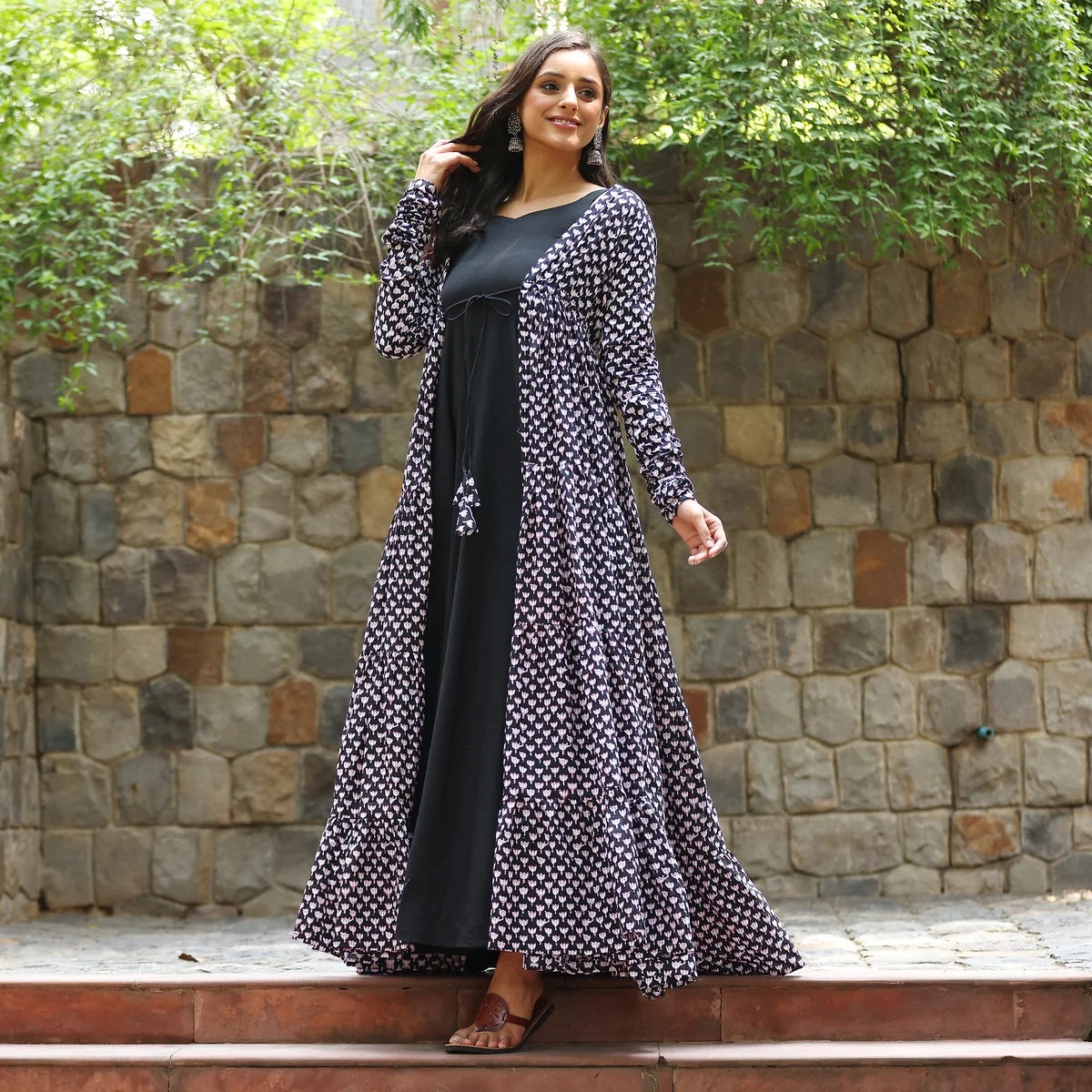 Black Faux Georgette Designer Suit with Muslin Shrug and Digital Print