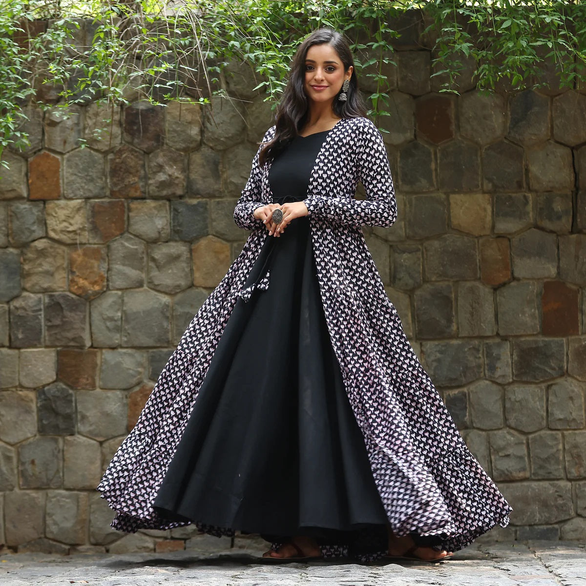 Black Faux Georgette Designer Suit with Muslin Shrug and Digital Print
