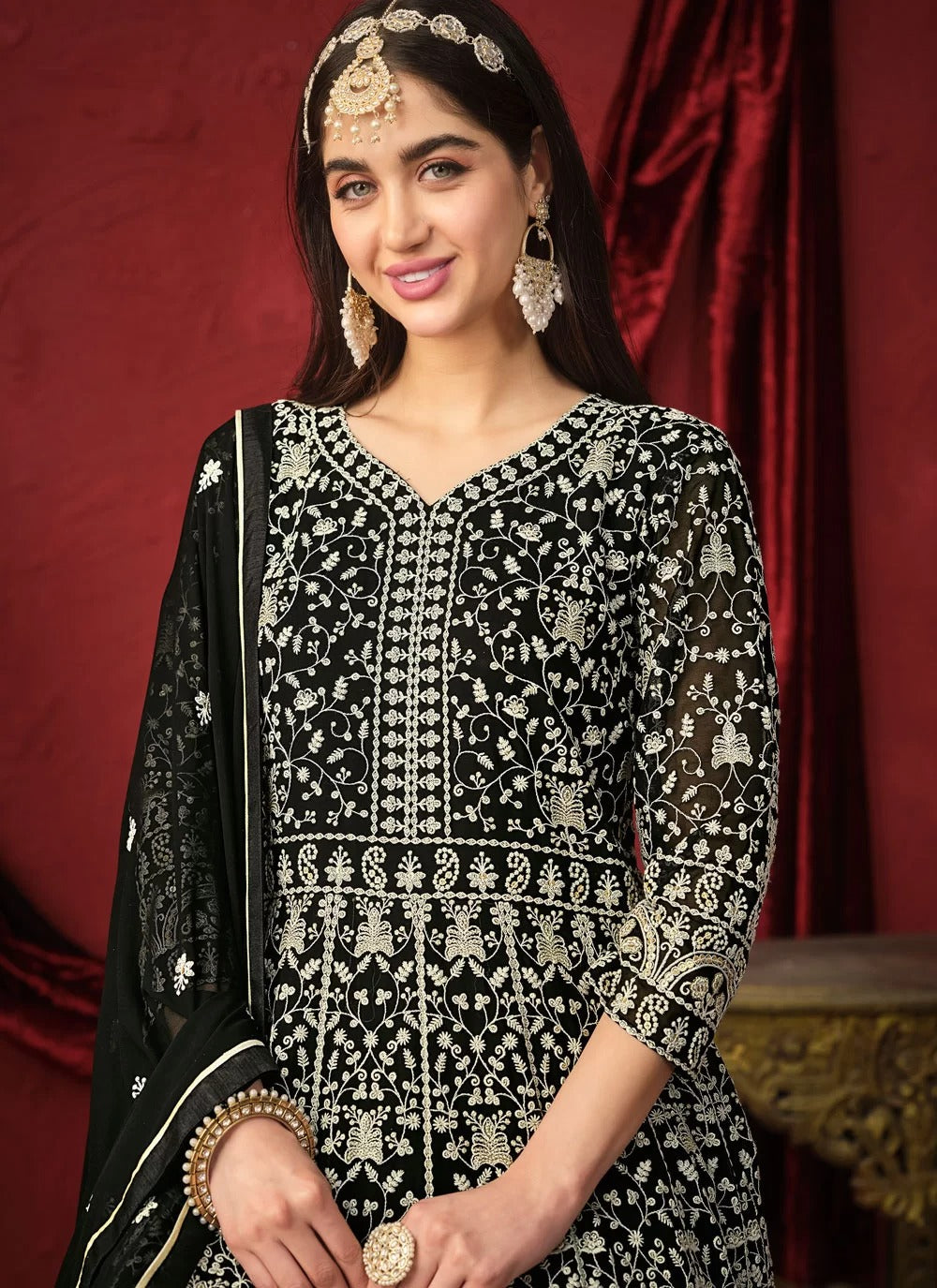 Elegant black faux georgette embroidered suit with dupatta