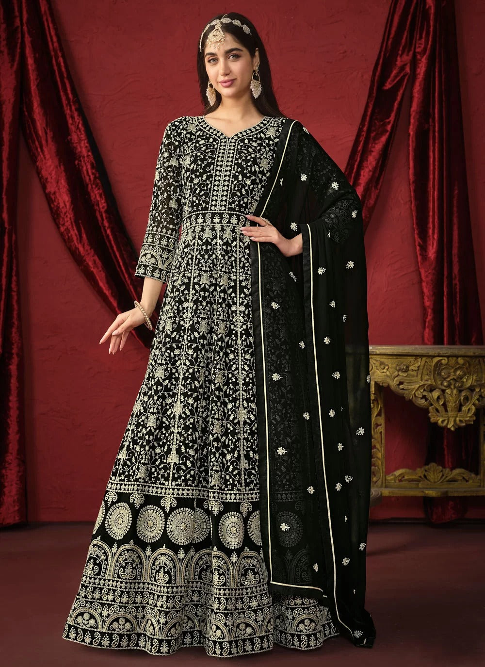 Elegant black faux georgette embroidered suit with dupatta