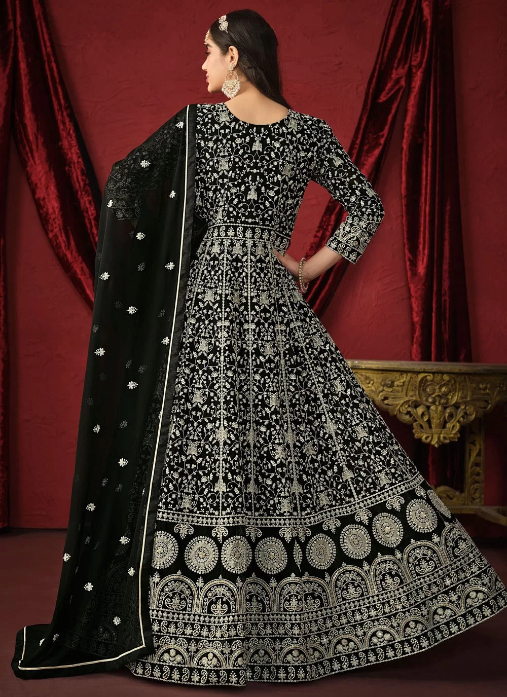 Elegant black faux georgette embroidered suit with dupatta