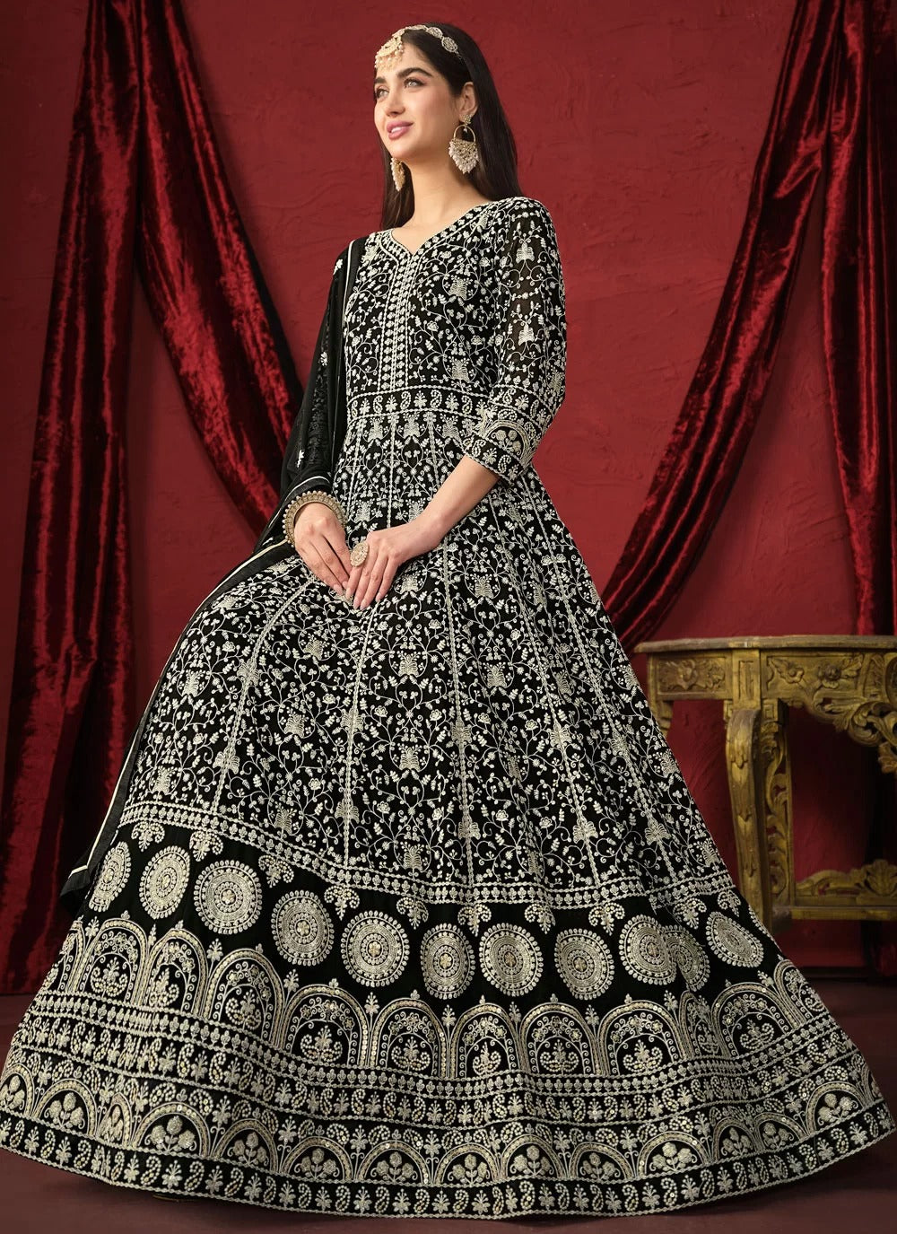 Elegant black faux georgette embroidered suit with dupatta