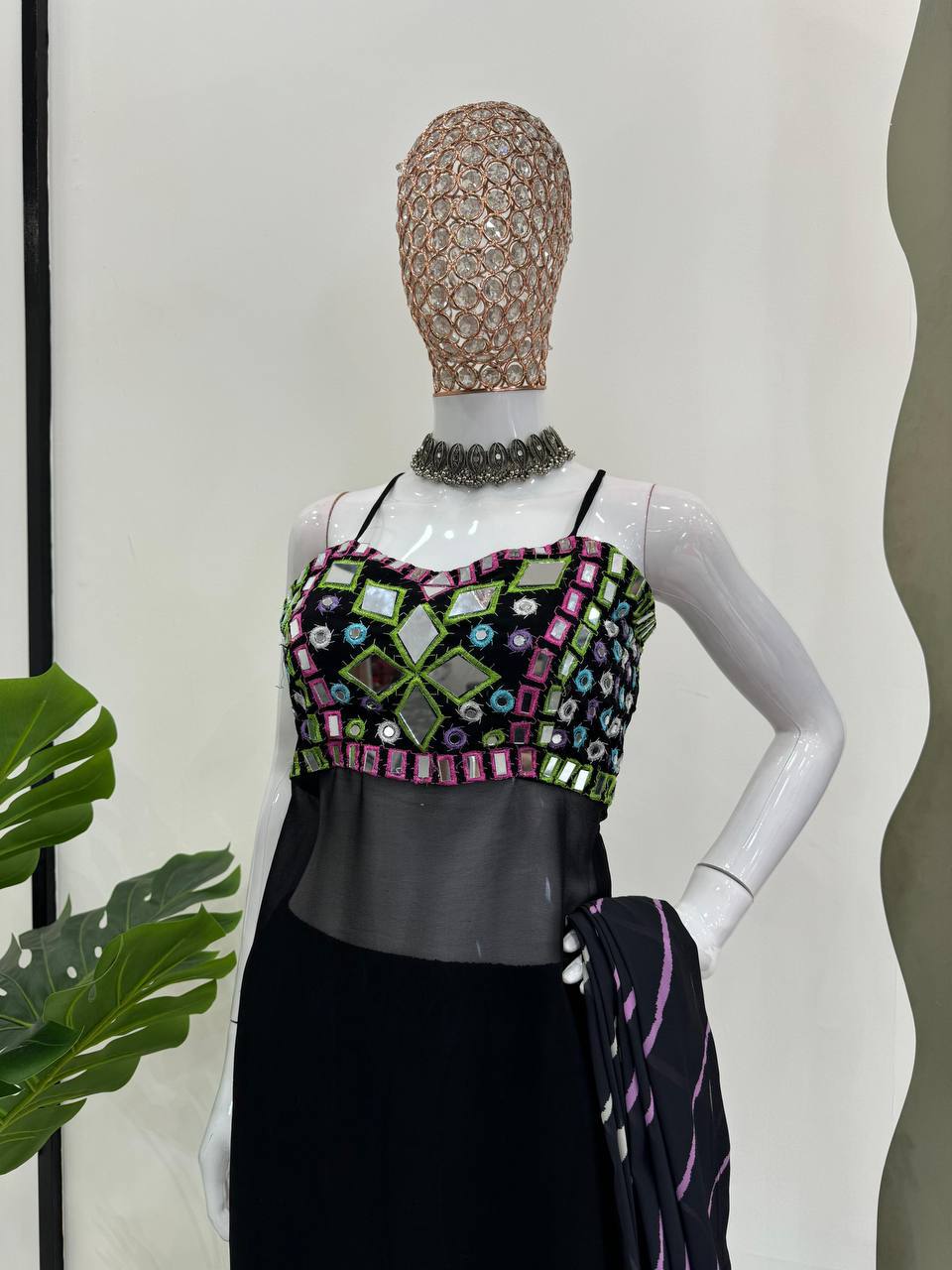 Black Faux Georgette Mirror Work Top with Printed Dupatta & Micro Pant Ethnic 3-Piece Set
