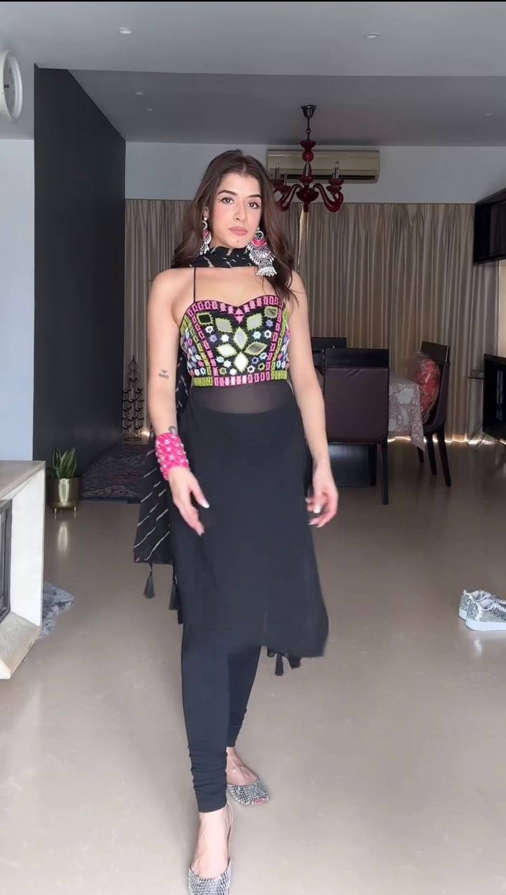 Black Faux Georgette Mirror Work Top with Printed Dupatta & Micro Pant Ethnic 3-Piece Set