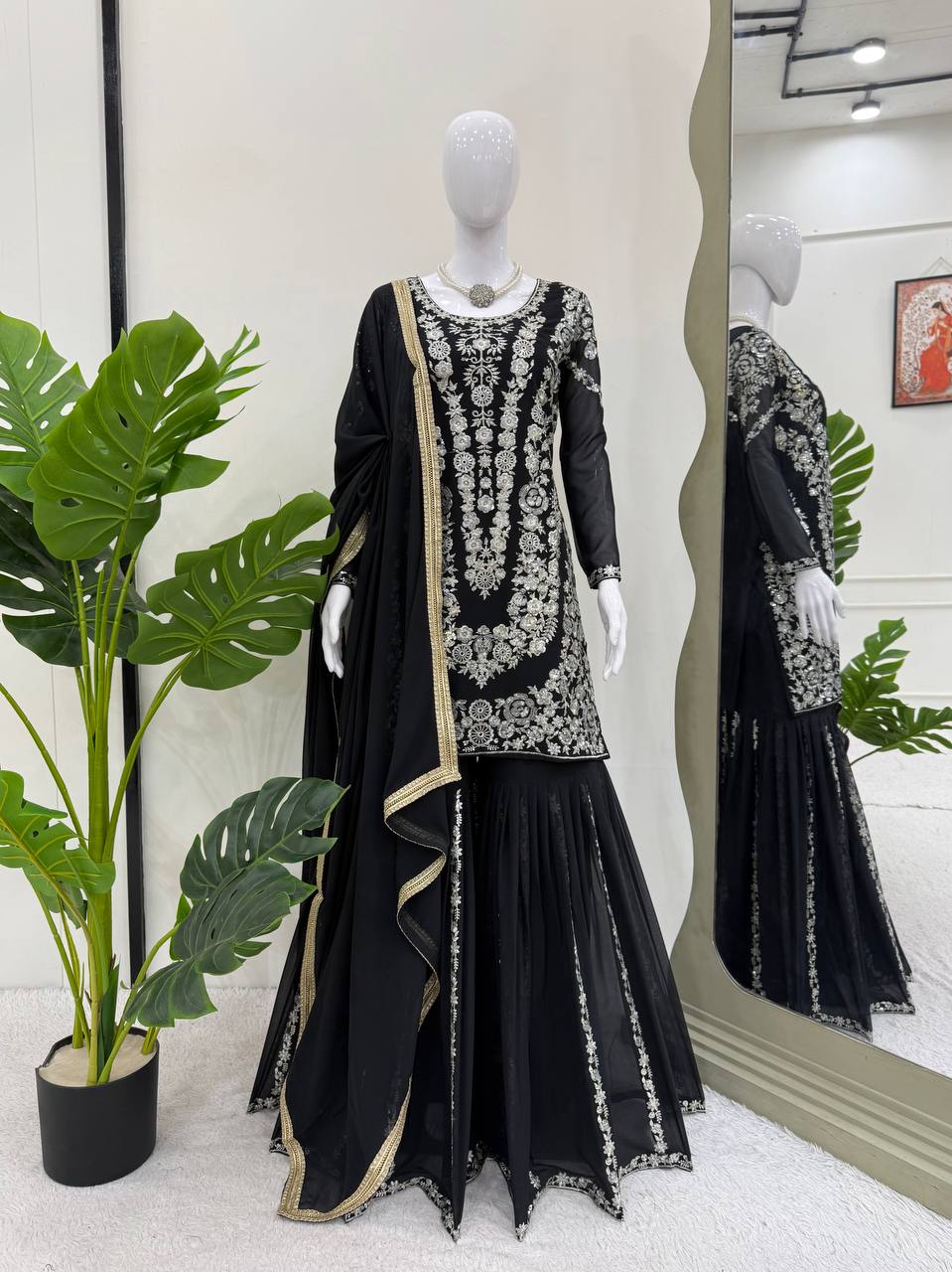Black Faux Georgette Sharara Set with Thread & Sequin Work Full Stitched Outfit with Lace Border Dupatta