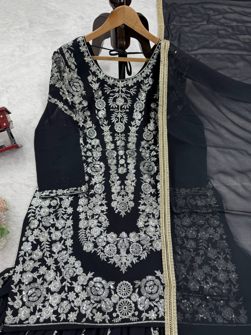 Black Faux Georgette Sharara Set with Thread & Sequin Work Full Stitched Outfit with Lace Border Dupatta