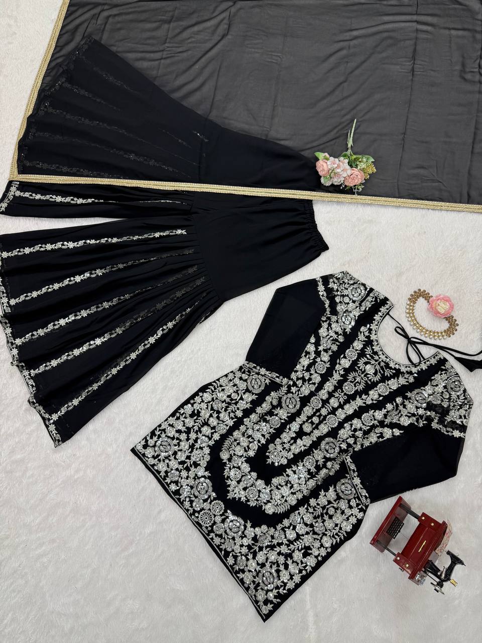 Black Faux Georgette Sharara Set with Thread & Sequin Work Full Stitched Outfit with Lace Border Dupatta