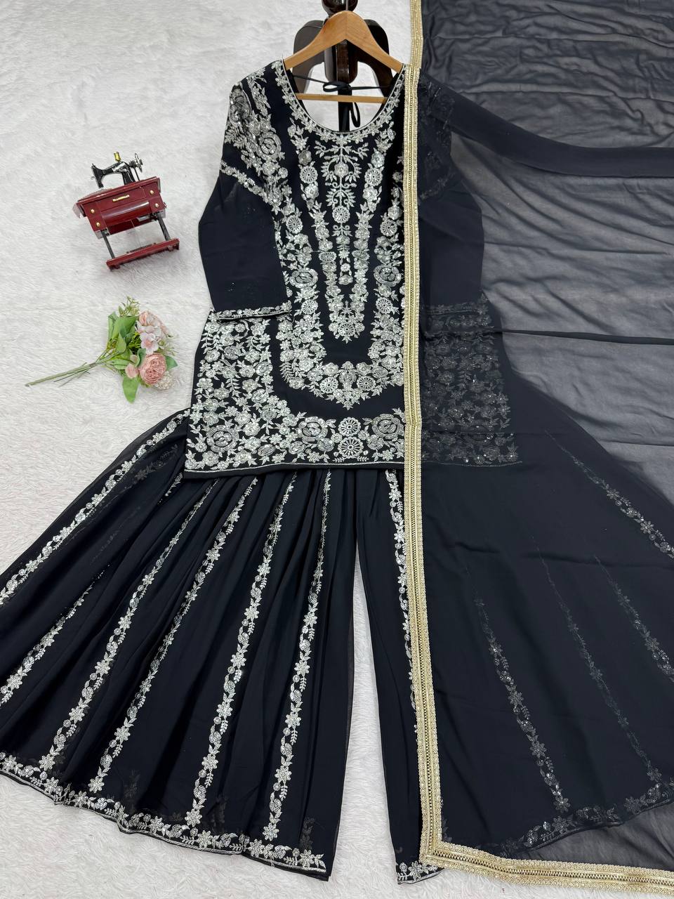 Black Faux Georgette Sharara Set with Thread & Sequin Work Full Stitched Outfit with Lace Border Dupatta