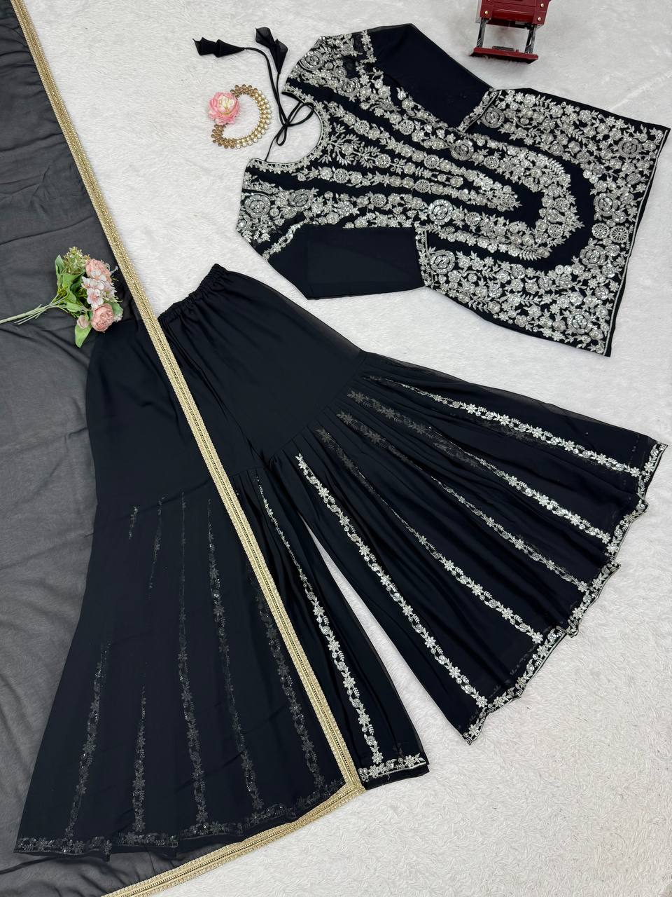 Black Faux Georgette Sharara Set with Thread & Sequin Work Full Stitched Outfit with Lace Border Dupatta