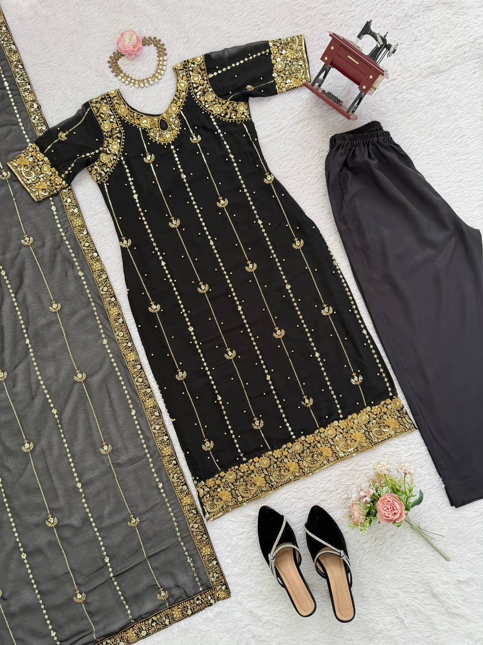 Black Faux Georgette Thread & Sequin Work Top with Micro Cotton Pant and Dupatta Set