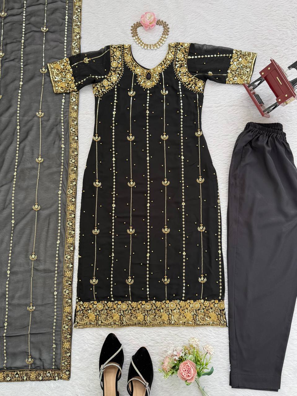 Black Faux Georgette Thread & Sequin Work Top with Micro Cotton Pant and Dupatta Set