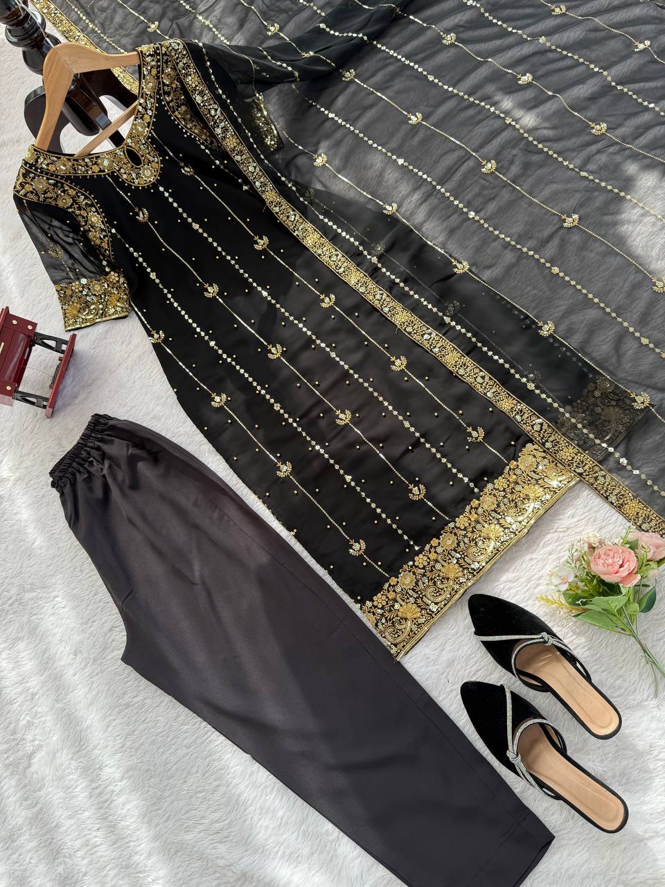 Black Faux Georgette Thread & Sequin Work Top with Micro Cotton Pant and Dupatta Set