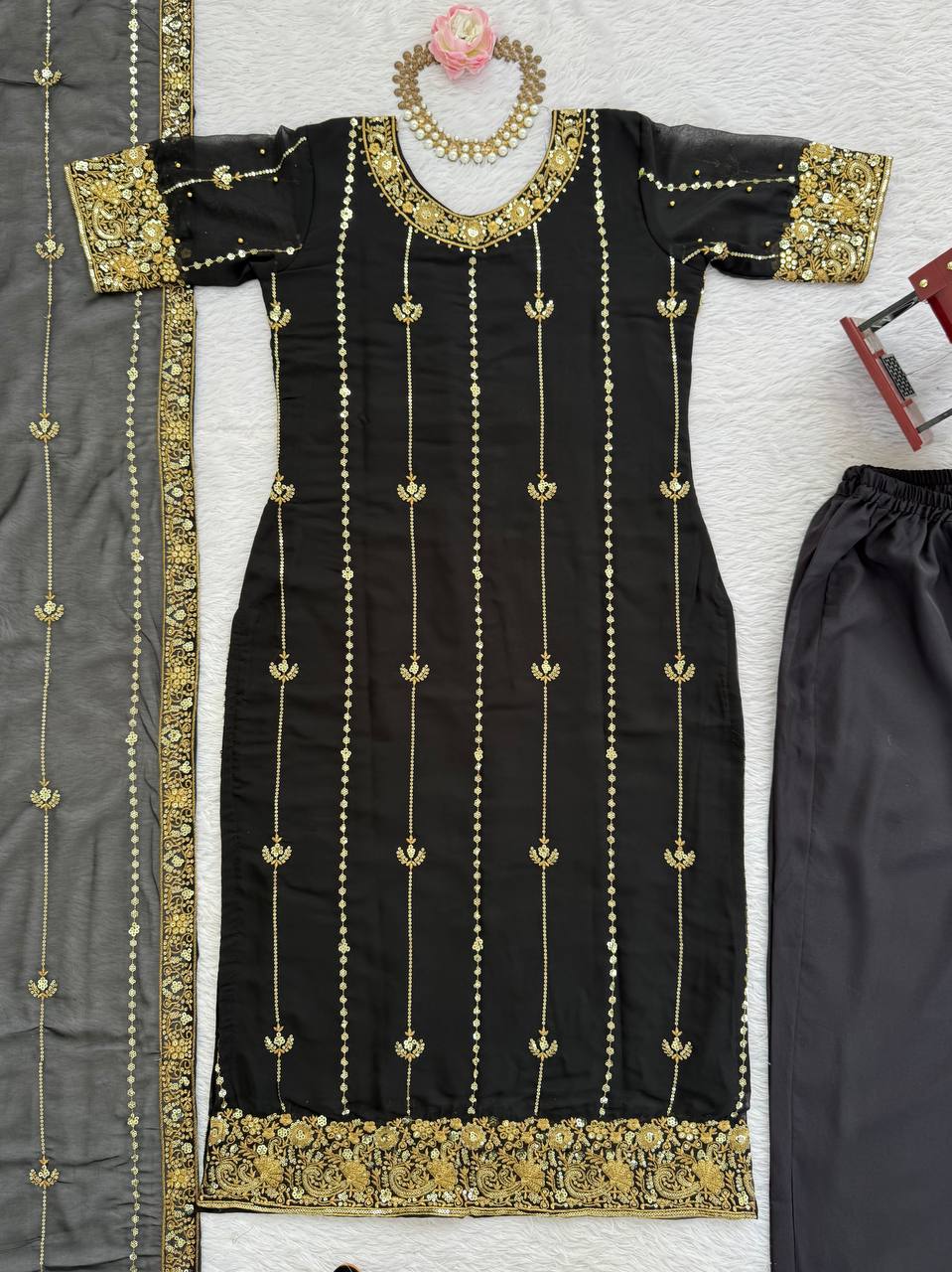 Black Faux Georgette Thread & Sequin Work Top with Micro Cotton Pant and Dupatta Set