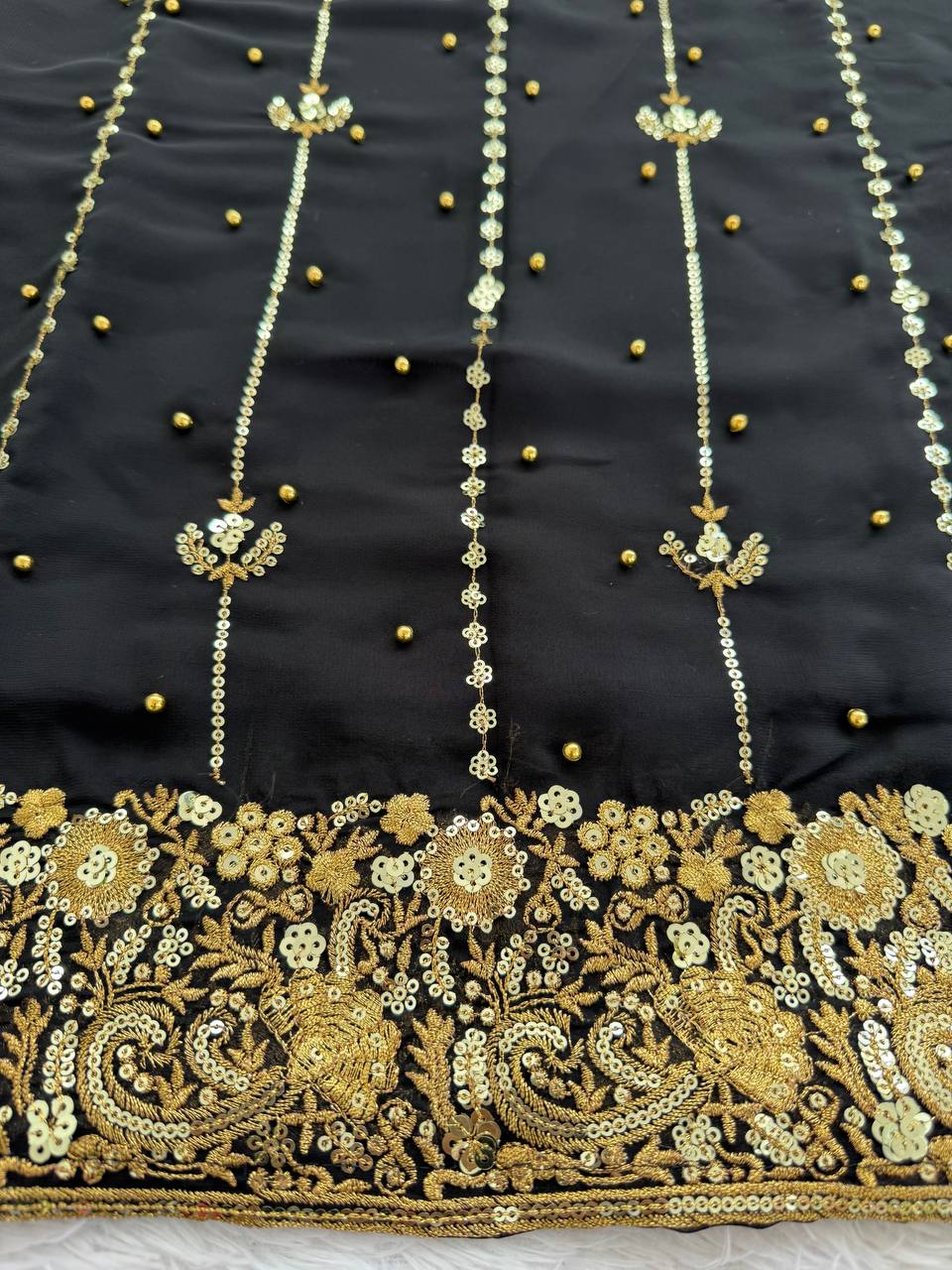 Black Faux Georgette Thread & Sequin Work Top with Micro Cotton Pant and Dupatta Set