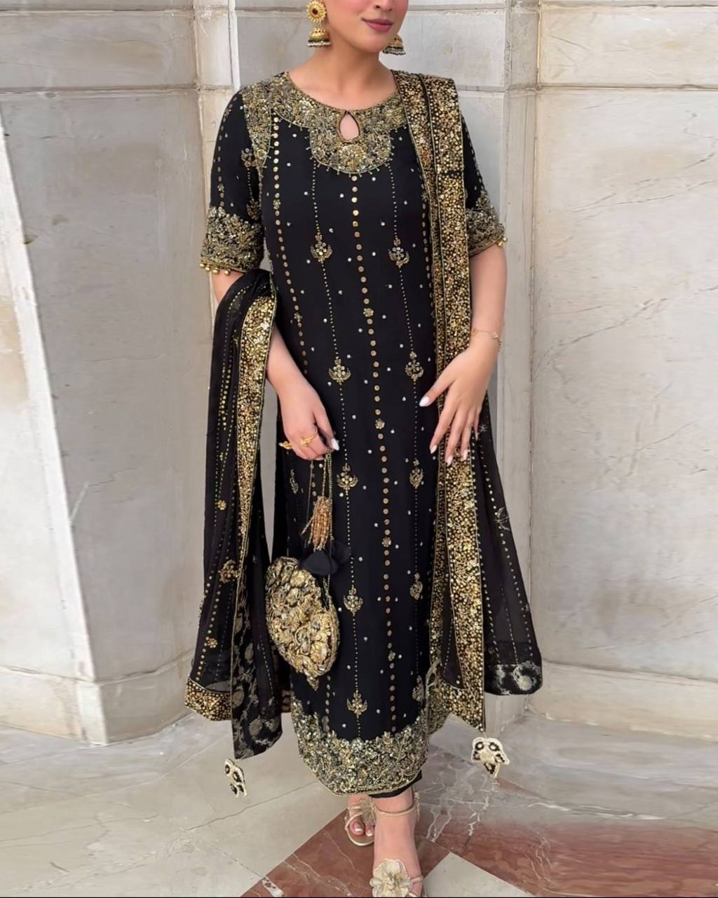 Black Faux Georgette Thread & Sequin Work Top with Micro Cotton Pant and Dupatta Set
