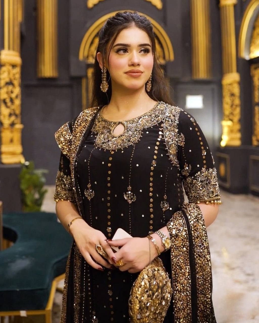 Black Faux Georgette Thread & Sequin Work Top with Micro Cotton Pant and Dupatta Set
