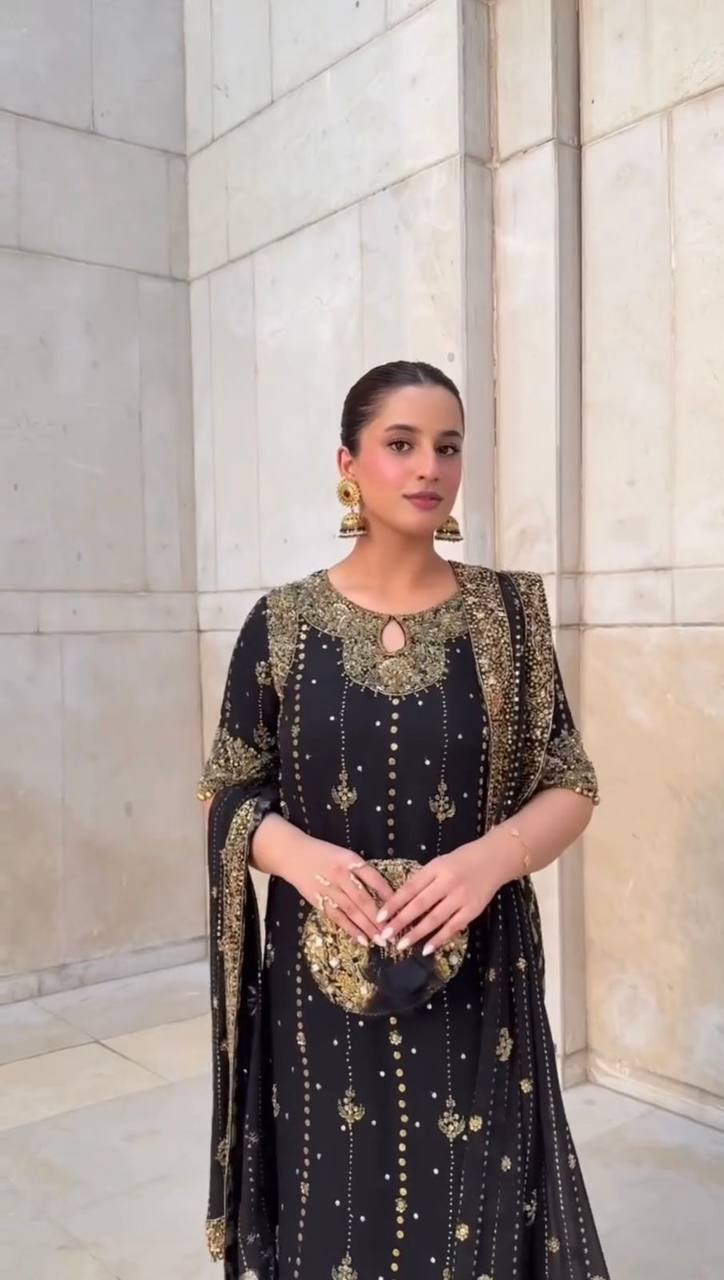Black Faux Georgette Thread & Sequin Work Top with Micro Cotton Pant and Dupatta Set