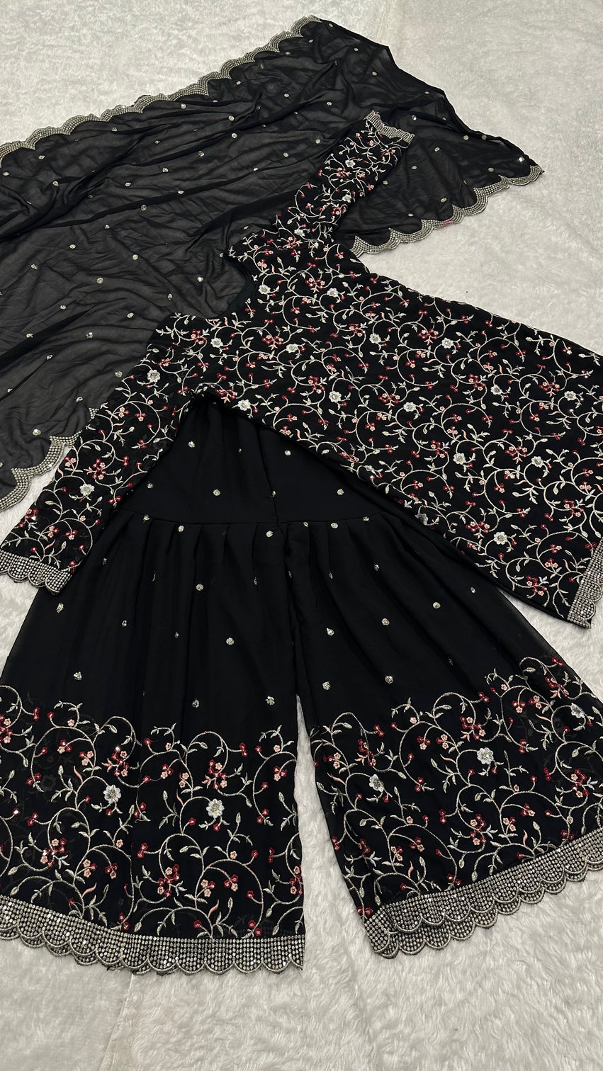 Black Festive Georgette Sharara Set with Sequins, Thread & Zari Work