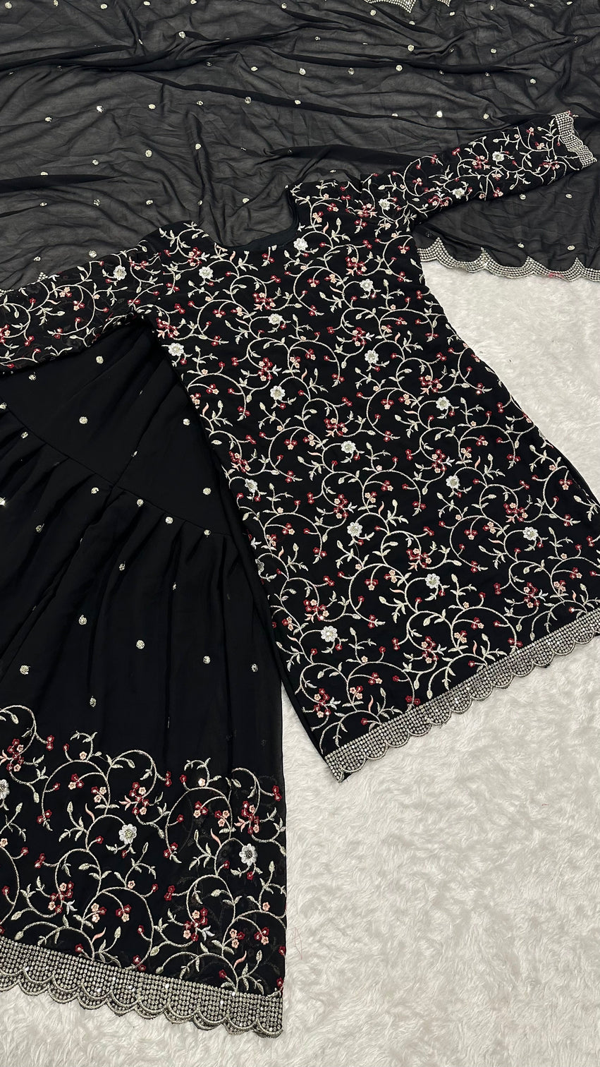 Black Festive Georgette Sharara Set with Sequins, Thread & Zari Work
