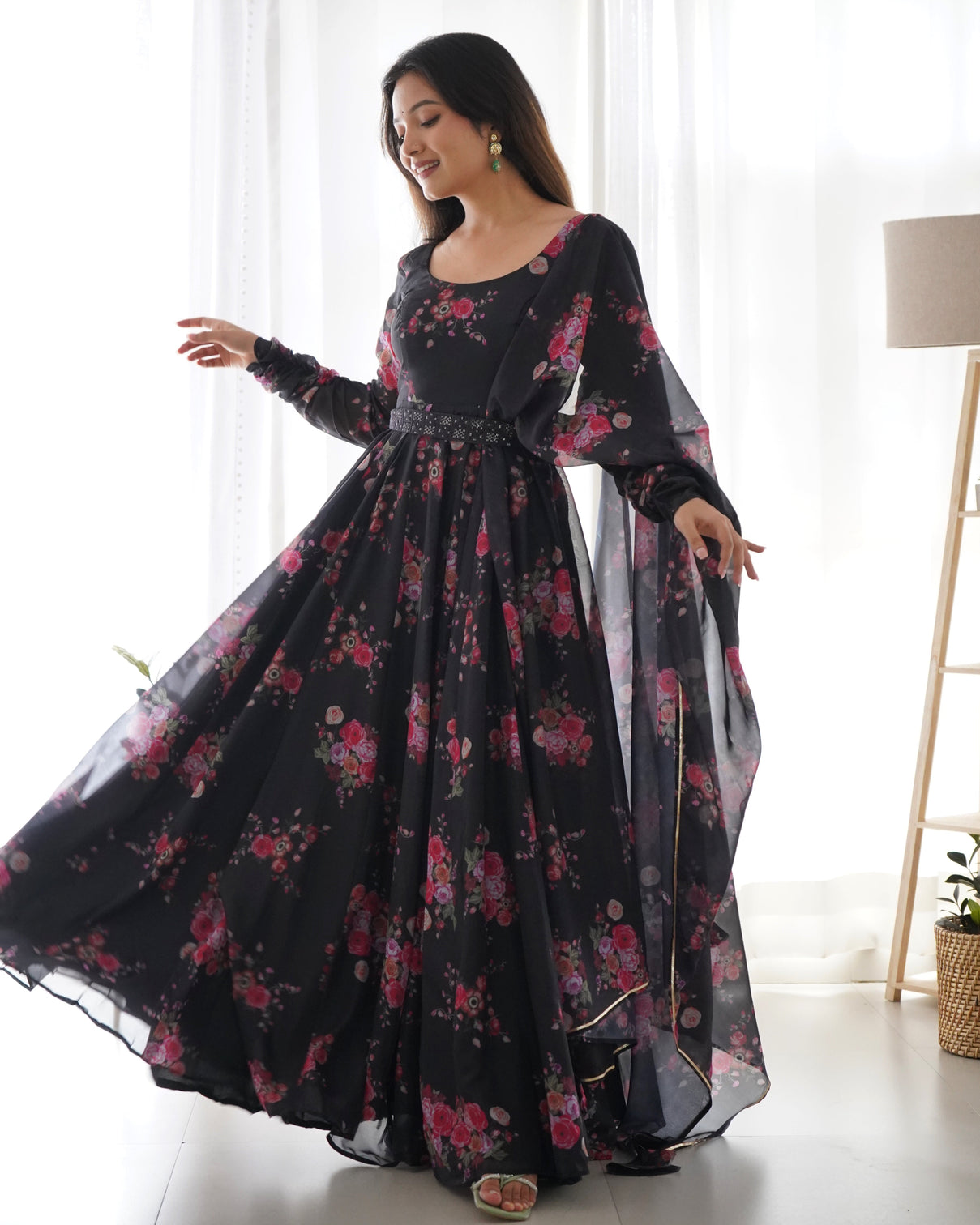 Black Floral Organza Anarkali Gown Set – Perfect for Weddings & Festivities