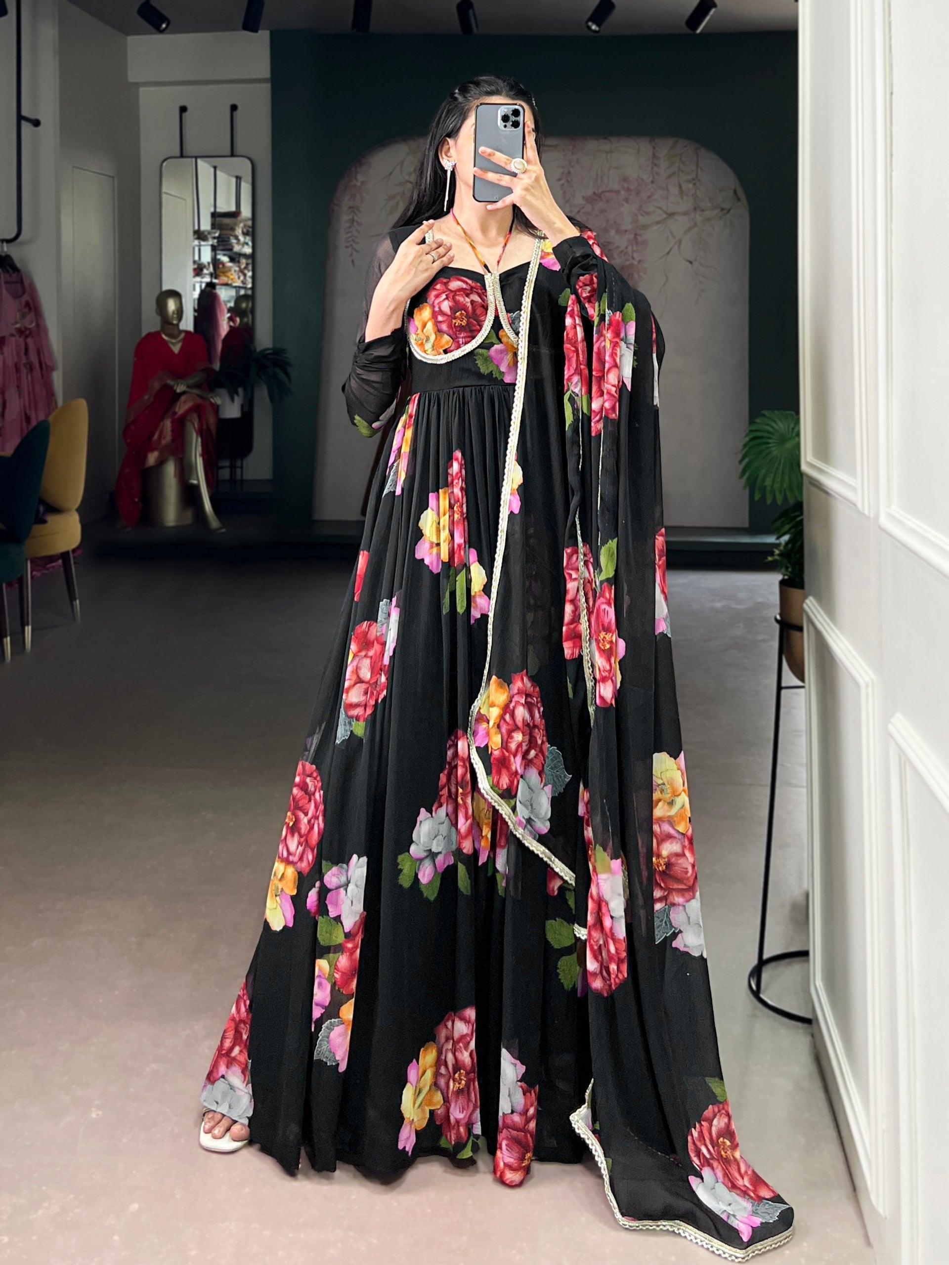 Black Floral Print Chiffon Stitched Gown with Lace Touch-Up & Designer Dupatta – Full Flair Partywear Gown for Women