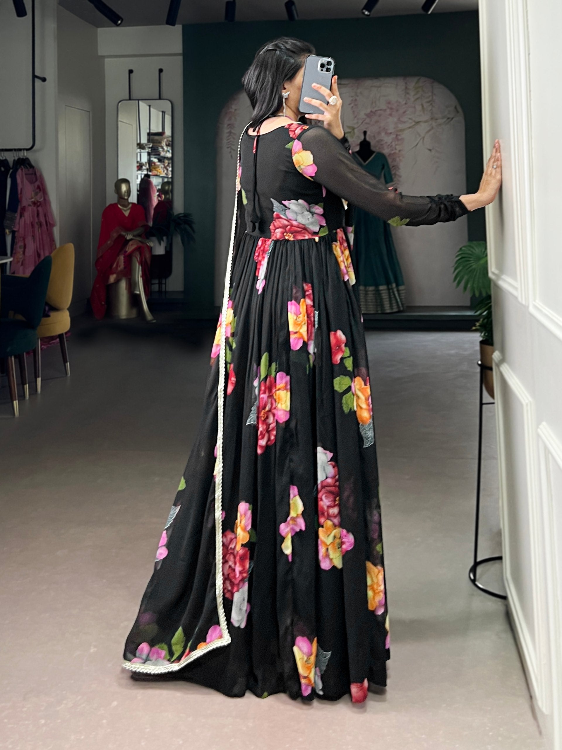 Black Floral Print Chiffon Stitched Gown with Lace Touch-Up & Designer Dupatta – Full Flair Partywear Gown for Women