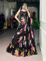 Black Floral Print Lehenga Set