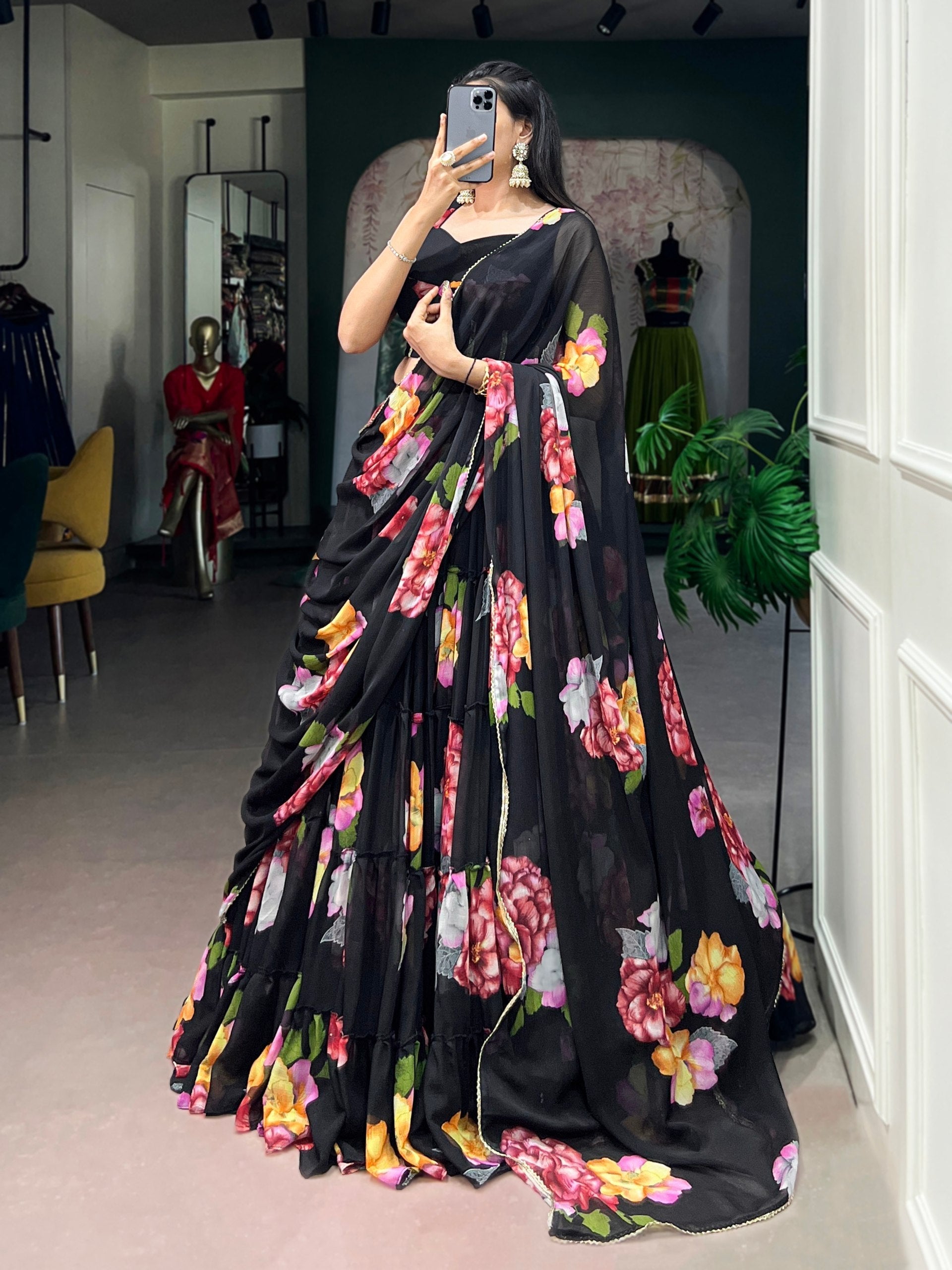 Black Floral Print Lehenga Set