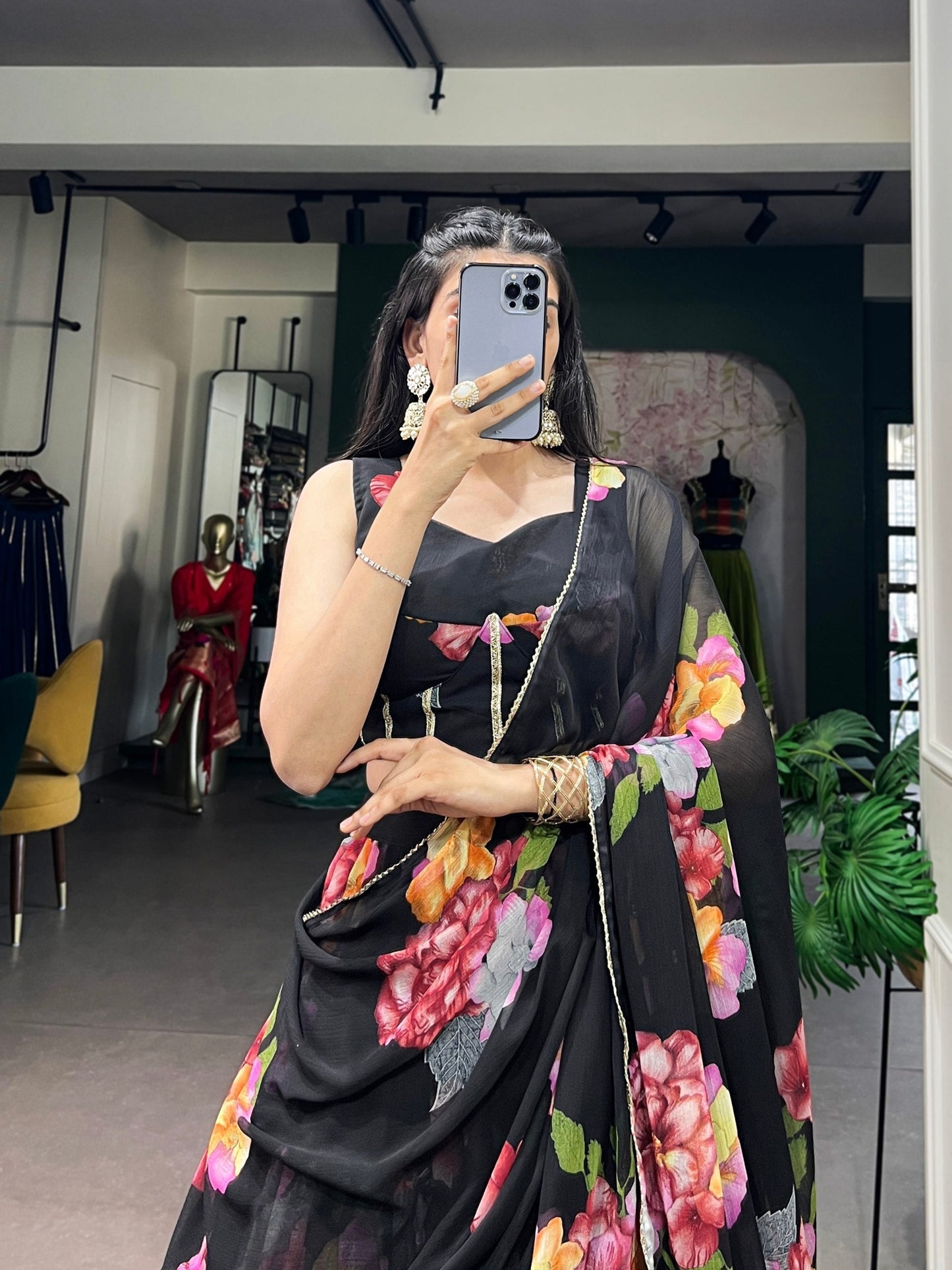 Black Floral Print Lehenga Set