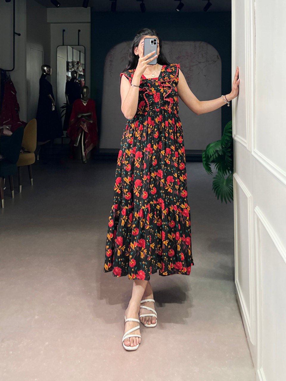 Black Floral Print Maslin Silk Stitched Frock with 4-Meter Flair & Micro Crepe Lining